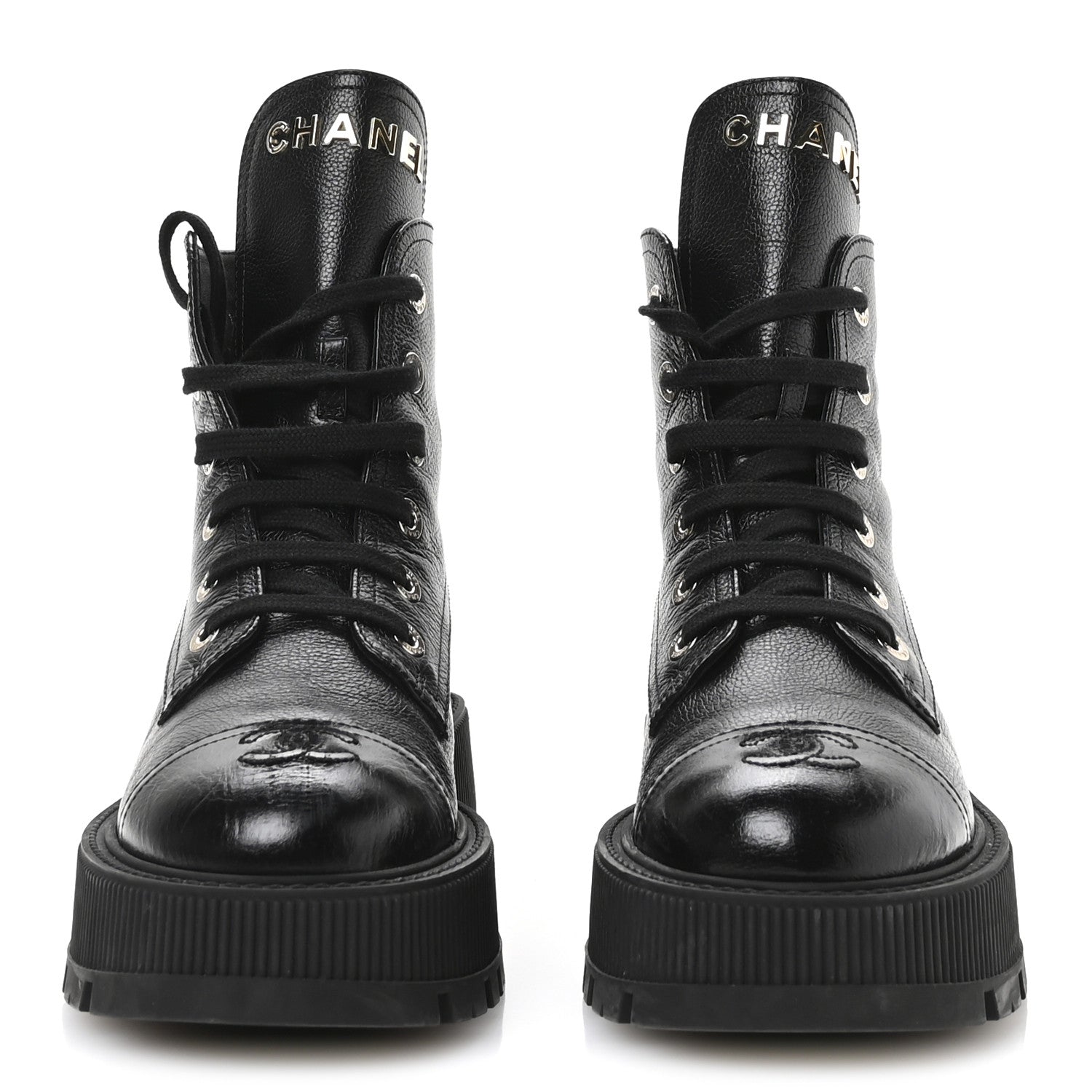 Chanel Grained Calfskin Shiny Calfskin CC Lace Up Combat Boots 39 Black 3 of 9