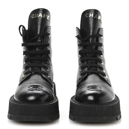 Chanel Grained Calfskin Shiny Calfskin CC Lace Up Combat Boots 39 Black 3 of 9