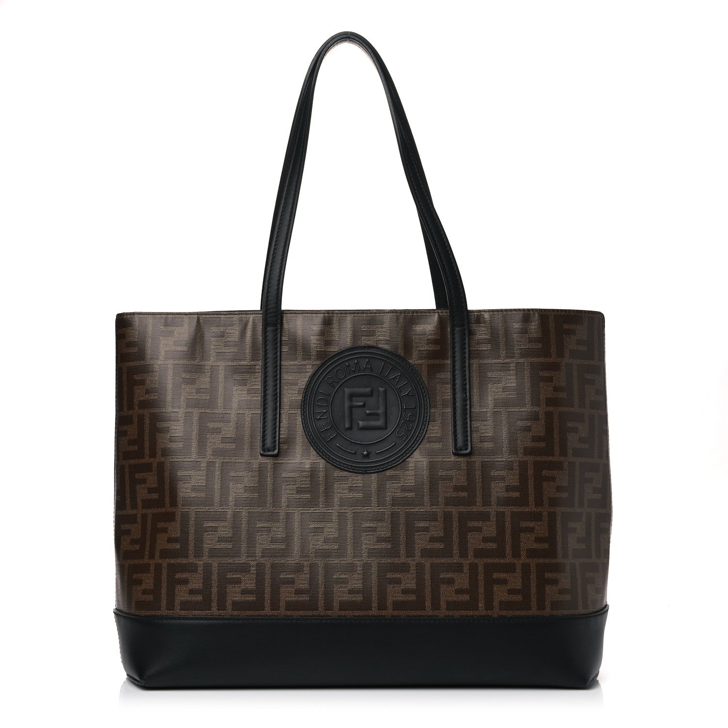 Fendi Glazed Fabric Vitello Century FF 1974 Stamp Patch Shopping Tote Mogano Panna Black 1 of 10