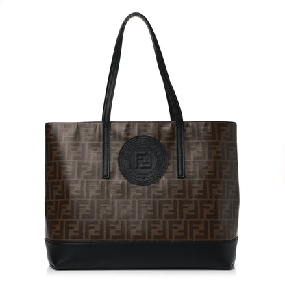 Fendi Glazed Fabric Vitello Century FF 1974 Stamp Patch Shopping Tote Mogano Panna Black 1 of 10