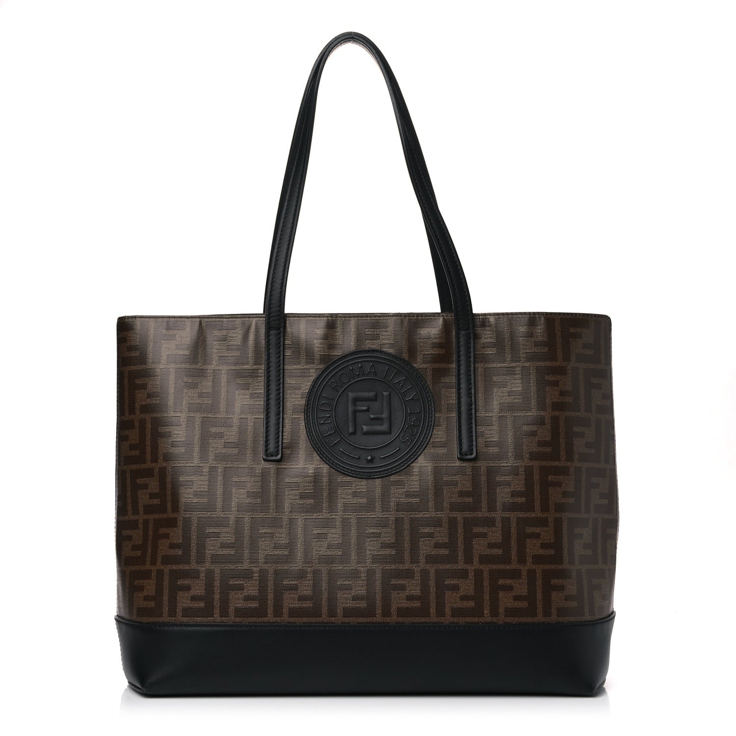 Glazed Fabric Vitello Century FF 1974 Stamp Patch Shopping Tote Mogano Panna Black