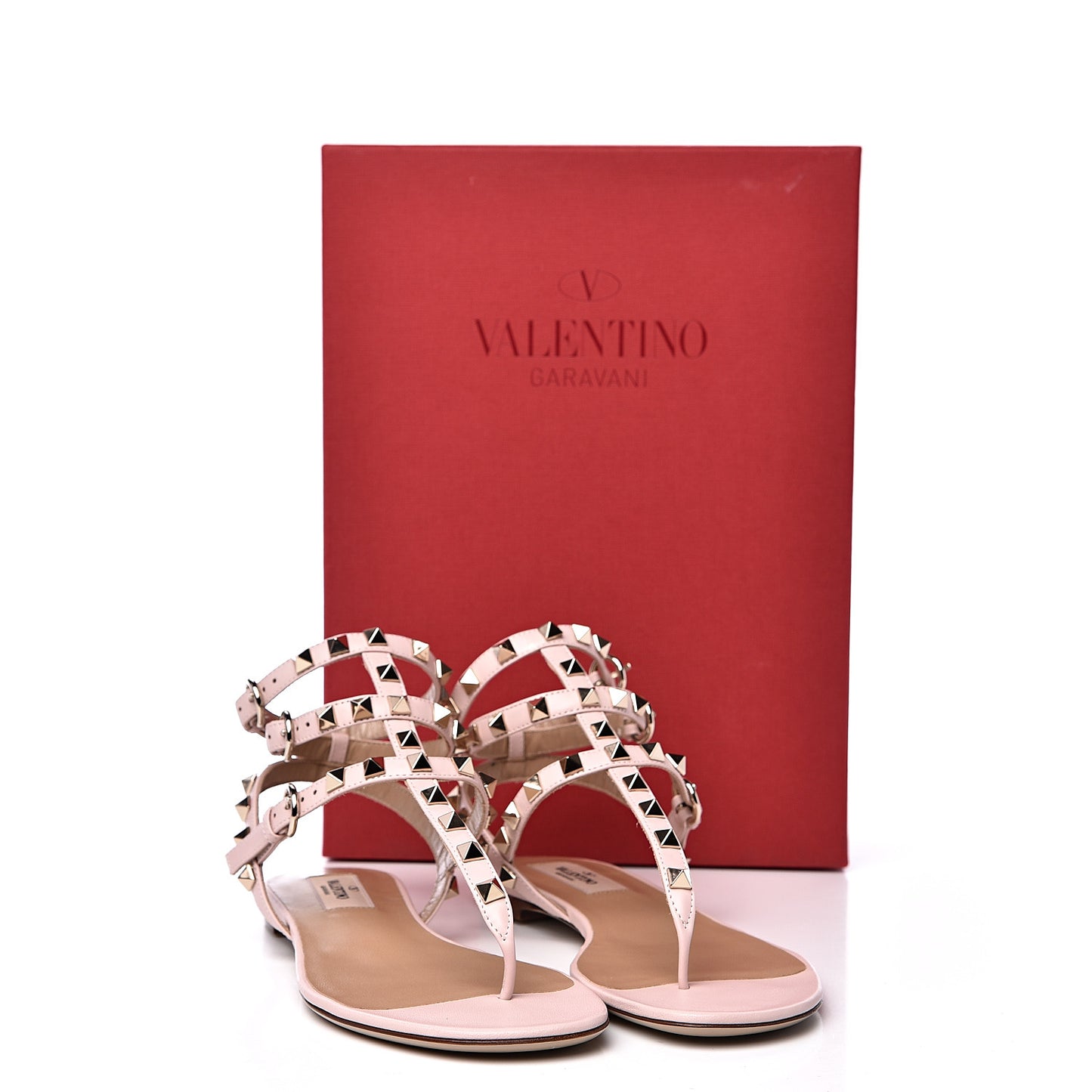 Calfskin Rockstud Ankle Wrap Flat Thong Sandals 36 Rose Quartz