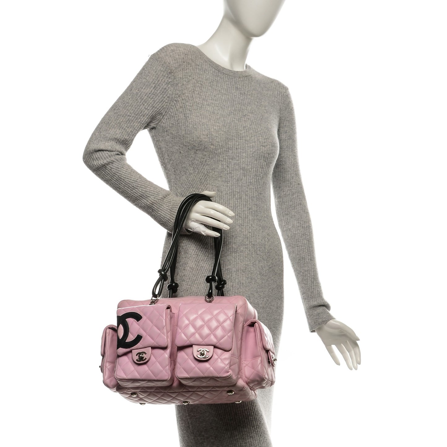 Calfskin Quilted Large Cambon Multipocket Reporter Pink Black