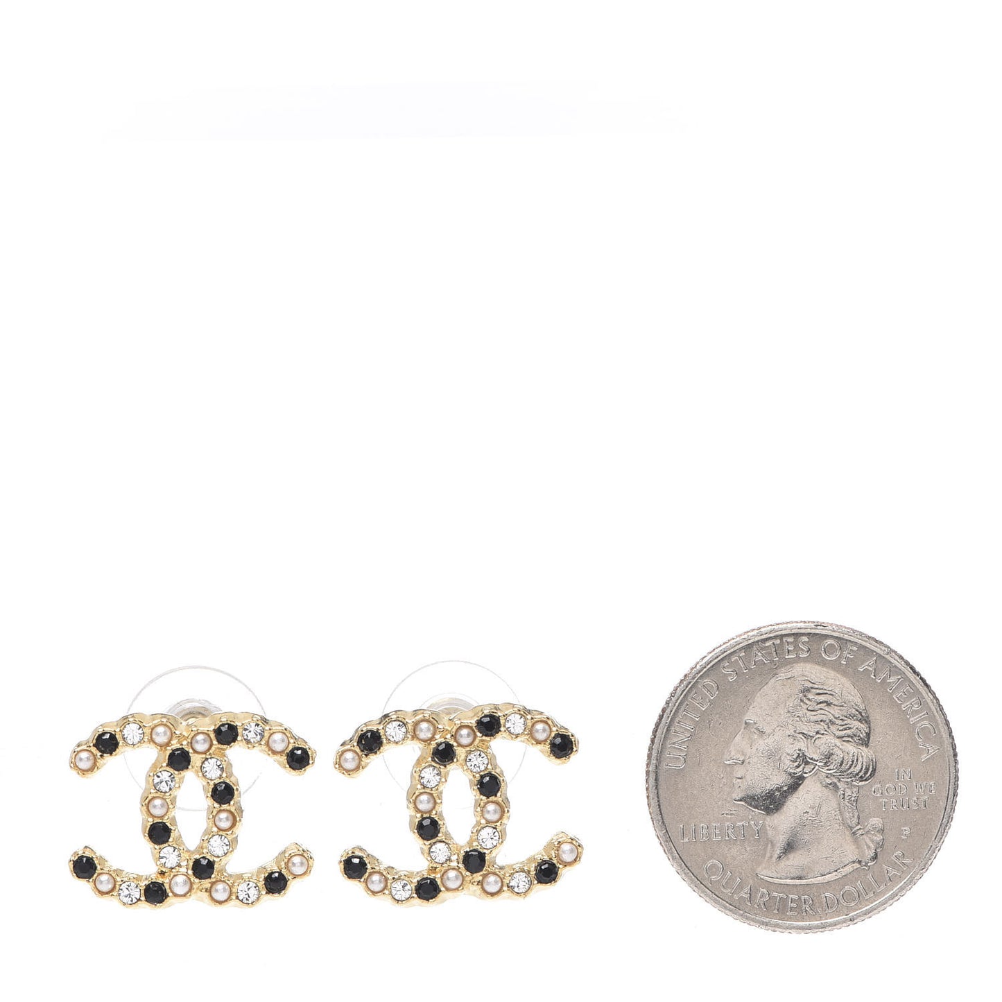 Resin Pearl Crystal CC Earrings Gold Black