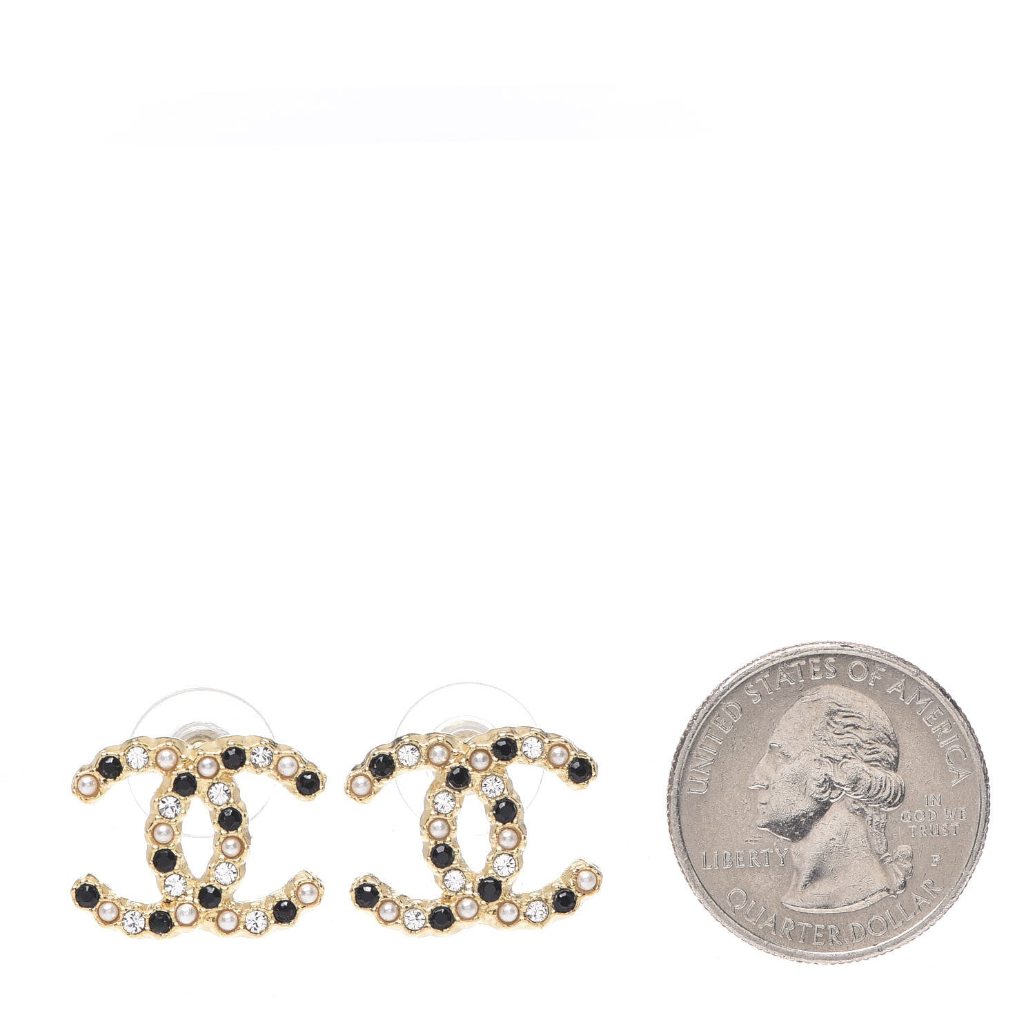 Chanel Resin Pearl Crystal CC Earrings Gold Black 2 of 4