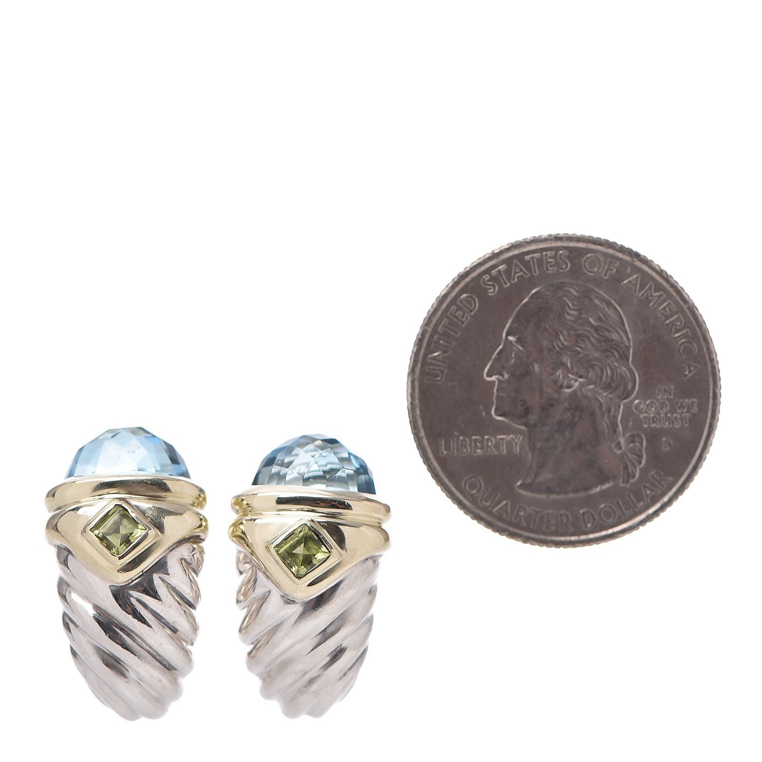 David Yurman Sterling Silver 14K Yellow Gold Blue Topaz Peridot Thoroughbred Shrimp Earrings 2 of 4