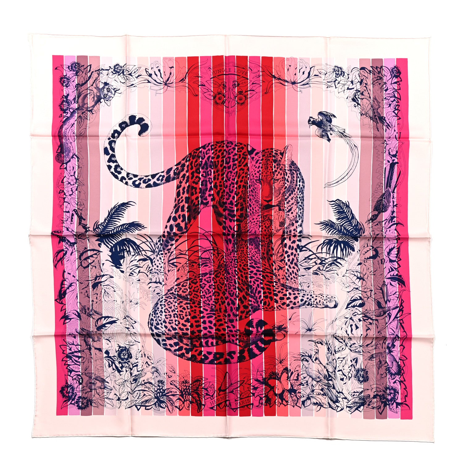 Hermes Silk Jungle Love Rainbow Scarf 90 Rose Vif Encre Rouge 1 of 5