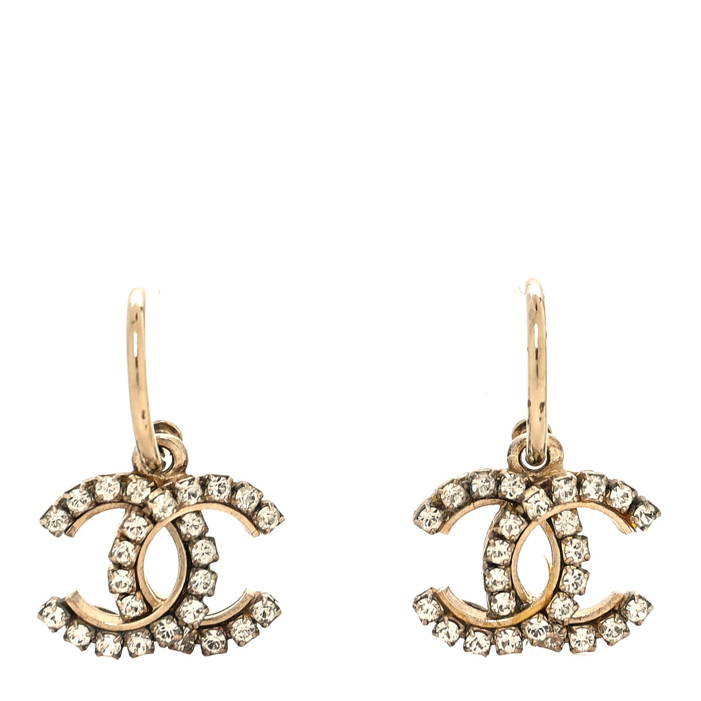 Metal Crystal Studded CC Hoop Drop Earrings Gold