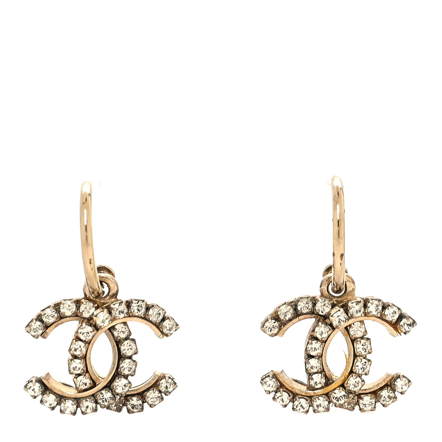 Chanel Metal Crystal Studded CC Hoop Drop Earrings Gold 1 of 5