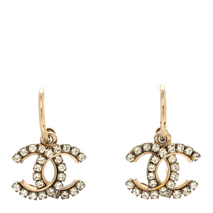 Chanel Metal Crystal Studded CC Hoop Drop Earrings Gold 1 of 5