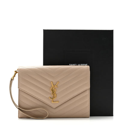 Saint Laurent Grain De Poudre Matelasse Chevron Monogram Envelope Clutch Dark Beige 8 of 8