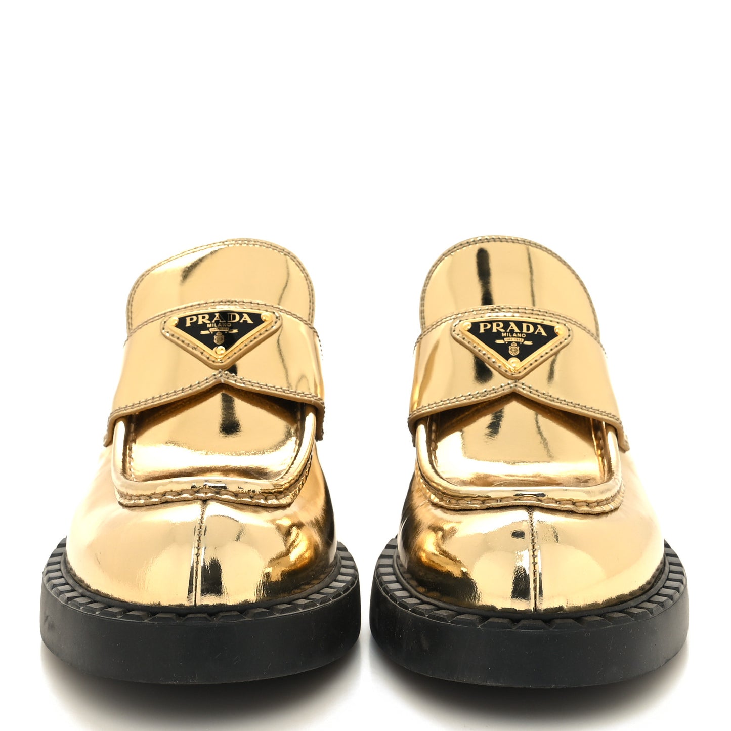 Metallic Brushed Calfskin Metal Triangle Logo 50mm Loafers 38.5 Platino