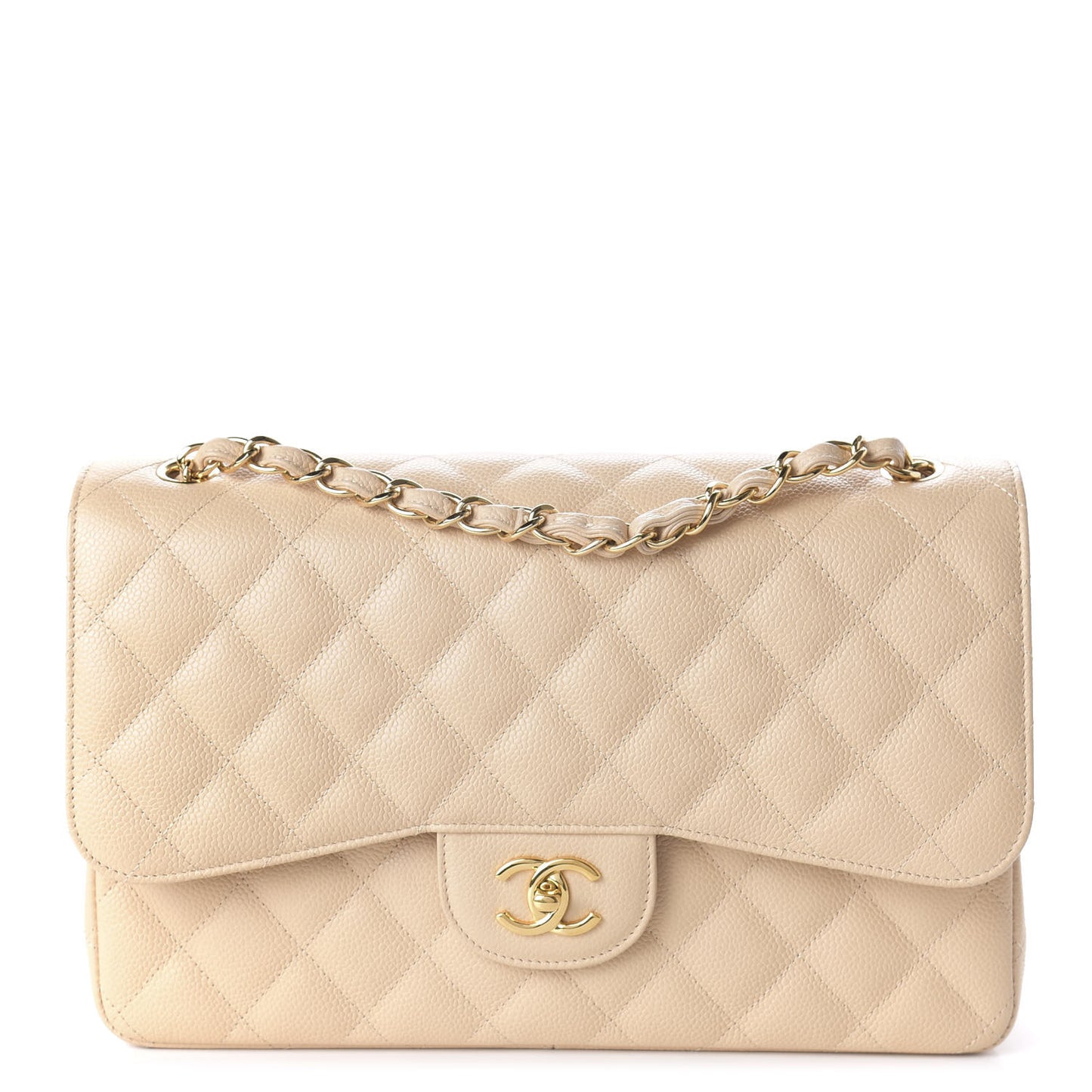 Caviar Quilted Jumbo Double Flap Beige Clair