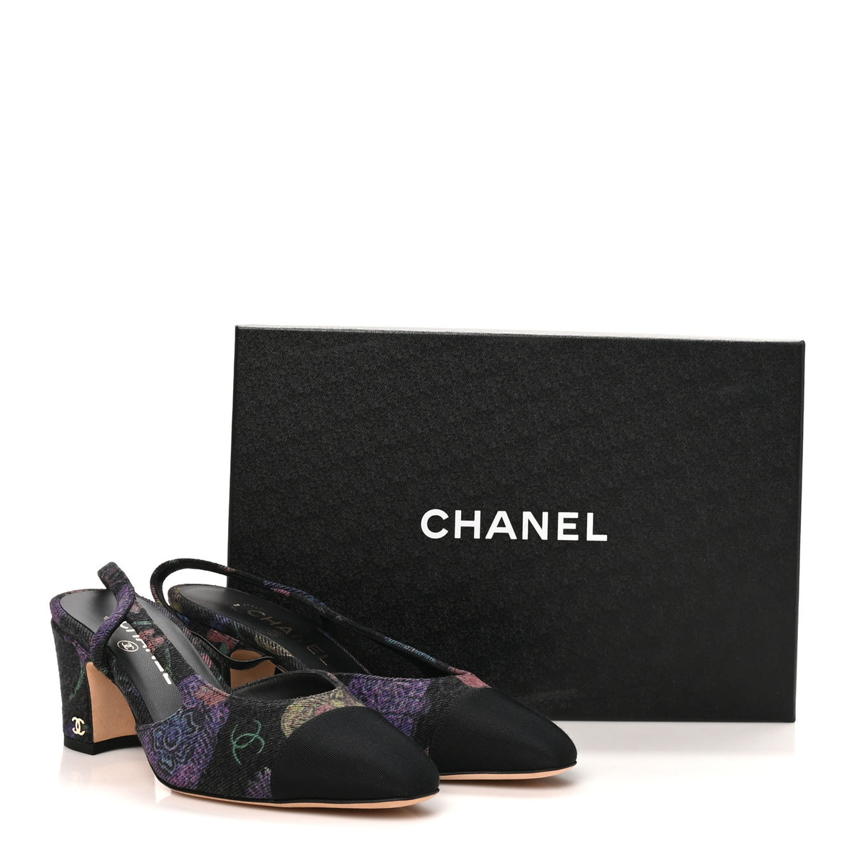 Chanel Denim Grosgrain Cap Toe CC Slingback Pumps 37 Charcoal Multicolor 10 of 10