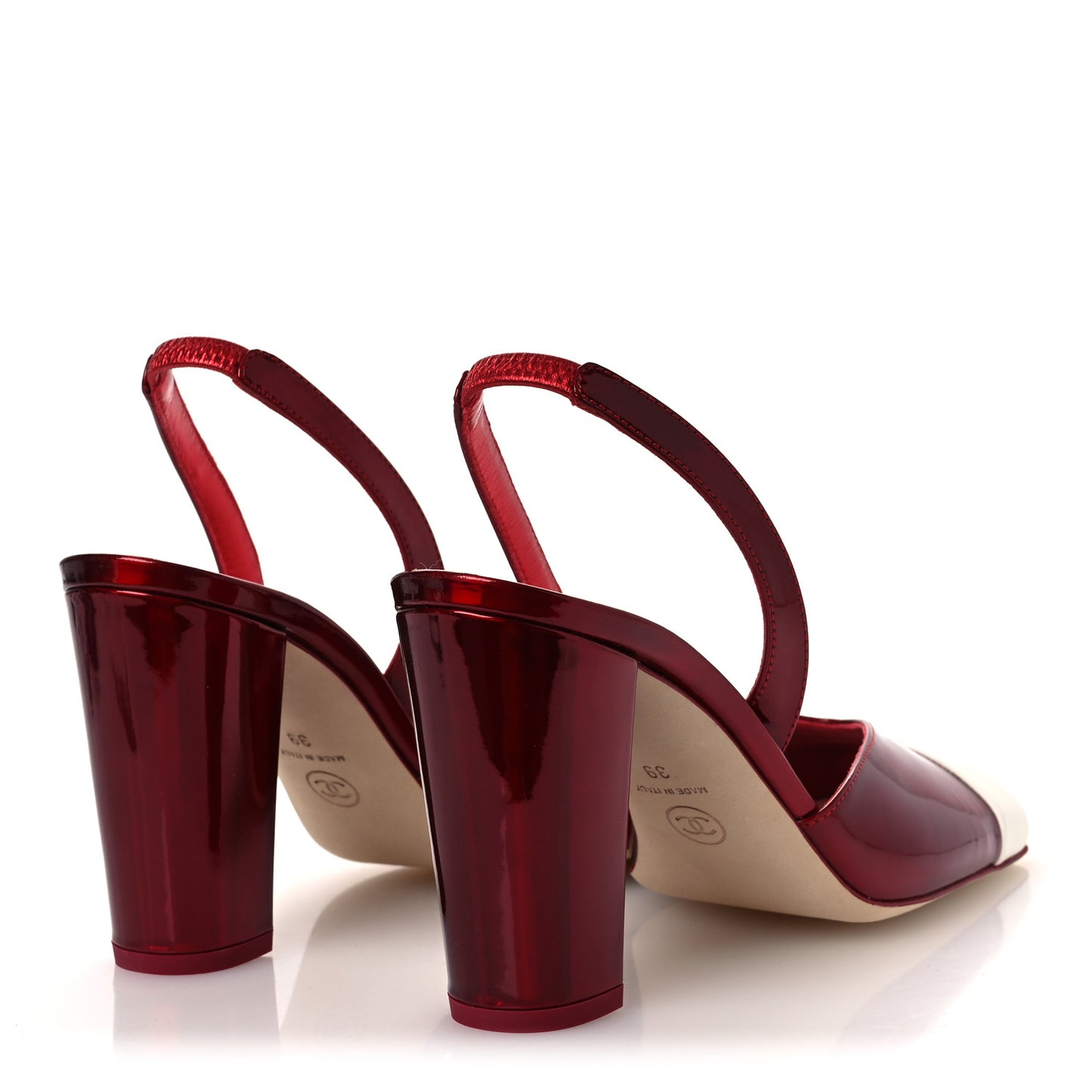 Laminated Calfskin Lambskin Cap Toe CC Slingback Pumps 39 Red Ivory