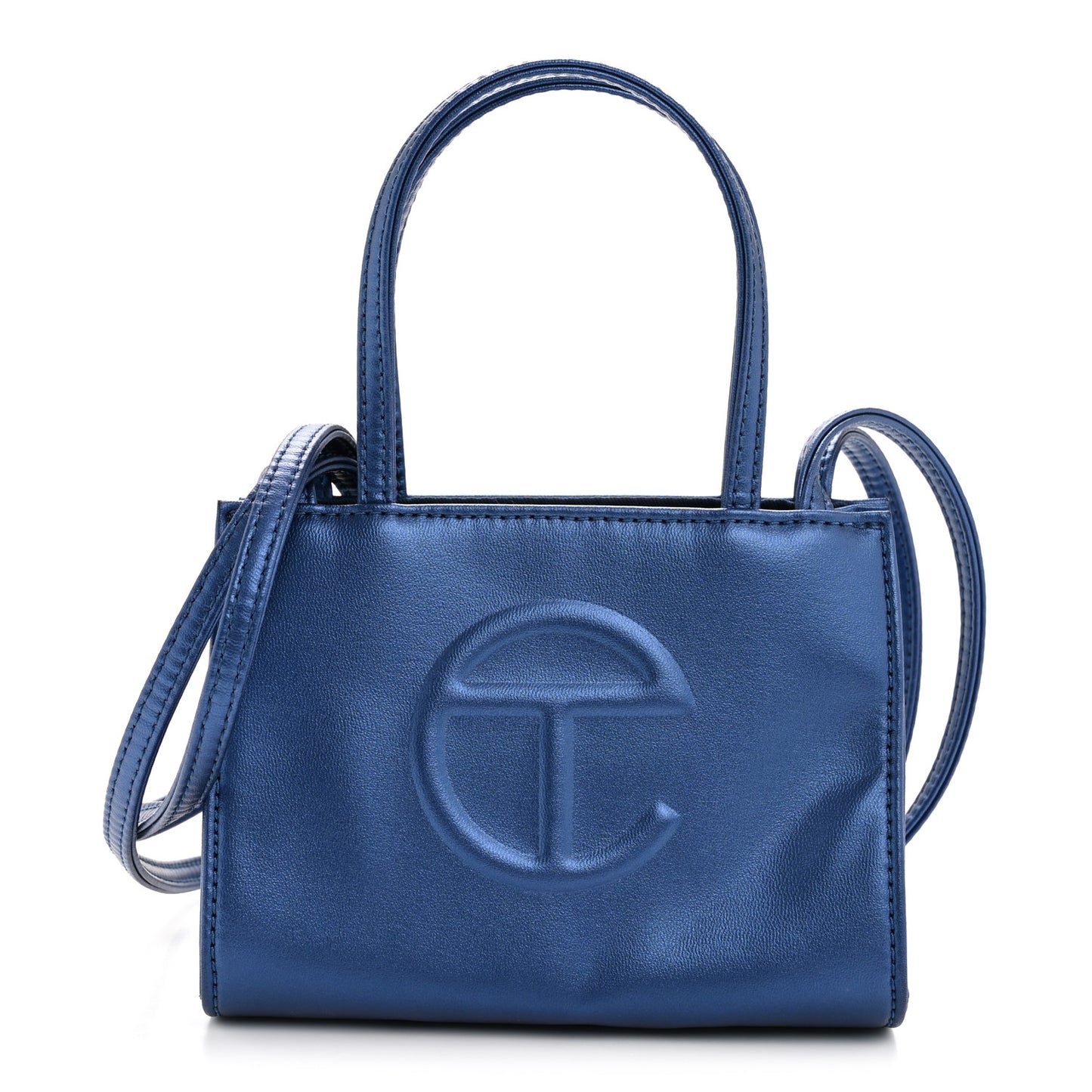 Metallic Vegan Leather Small Shopping Bag Cobalt