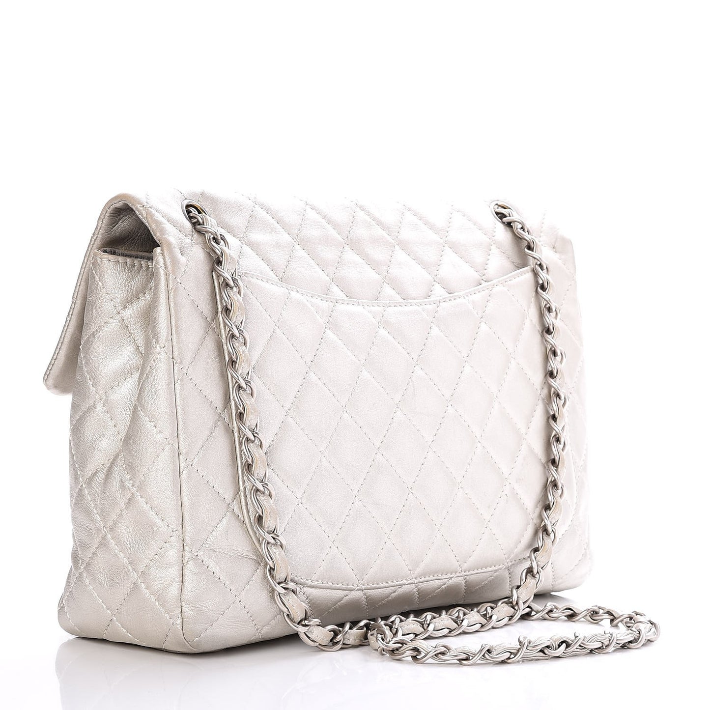 Metallic Lambskin Quilted Maxi Single Flap Silver