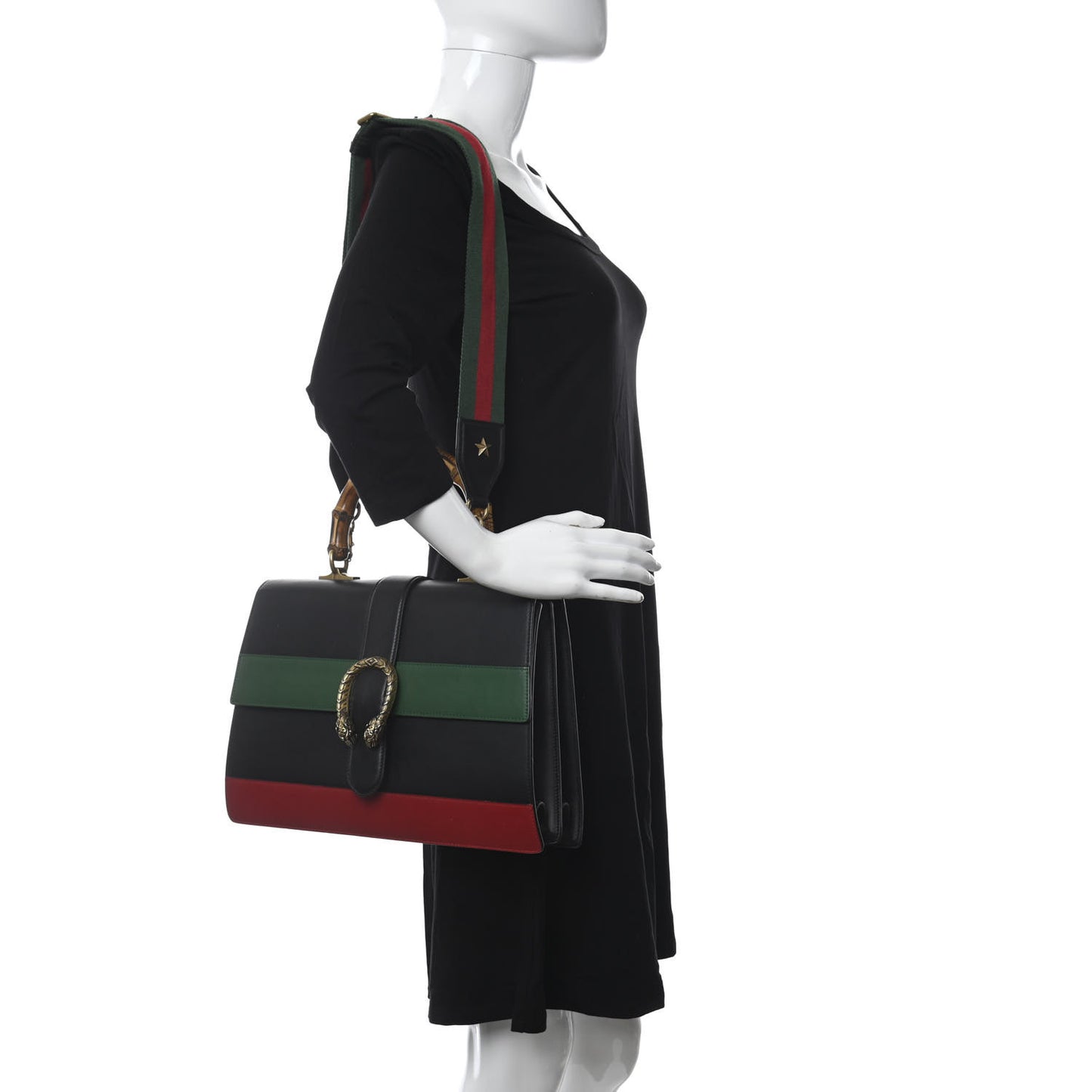 Calfskin Bamboo Web Large Dionysus Top Handle Bag Black Bright Evergreen Hibiscus Red