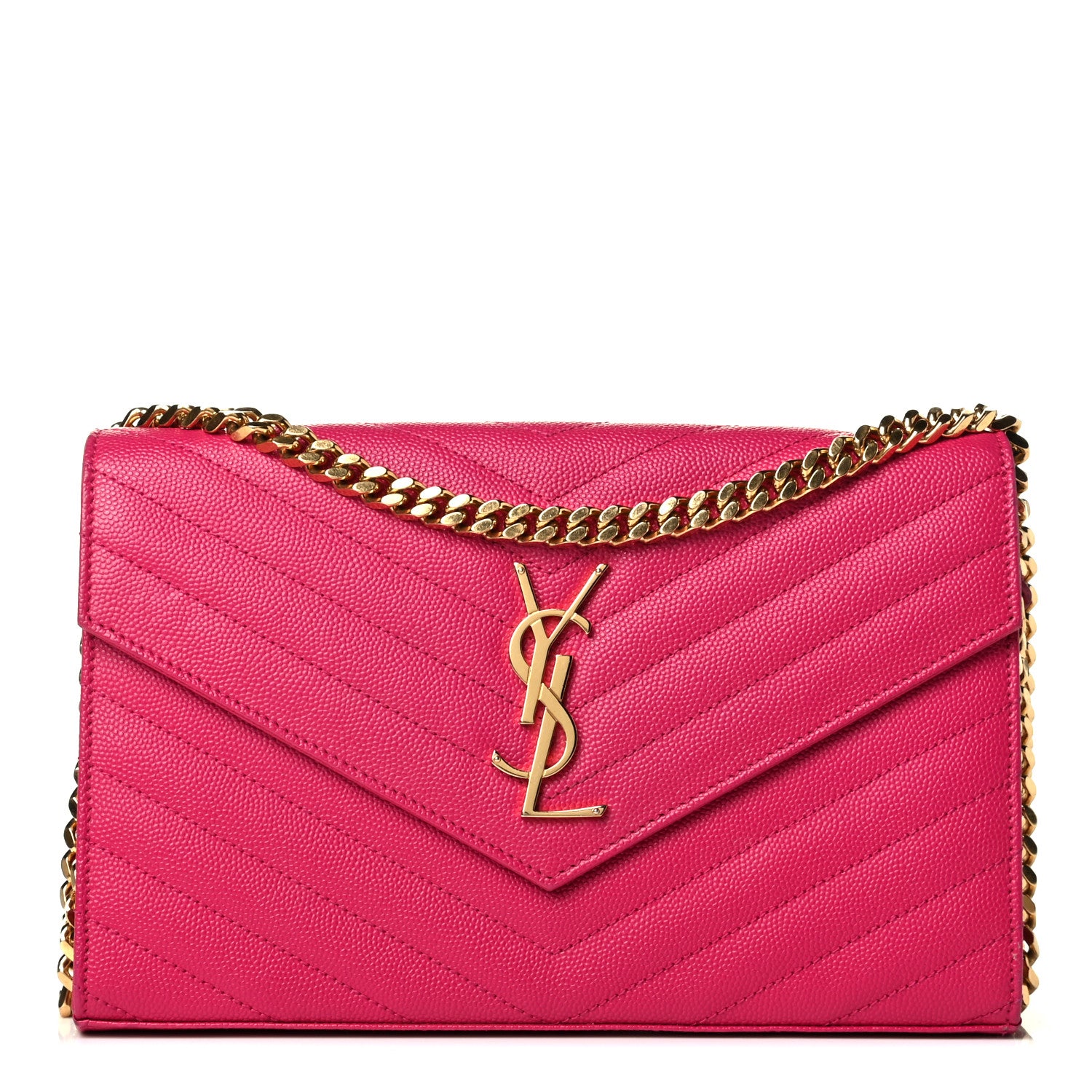 Saint Laurent Grain De Poudre Matelasse Chevron Monogram Chain Wallet Lipstick Fuchsia 1 of 7