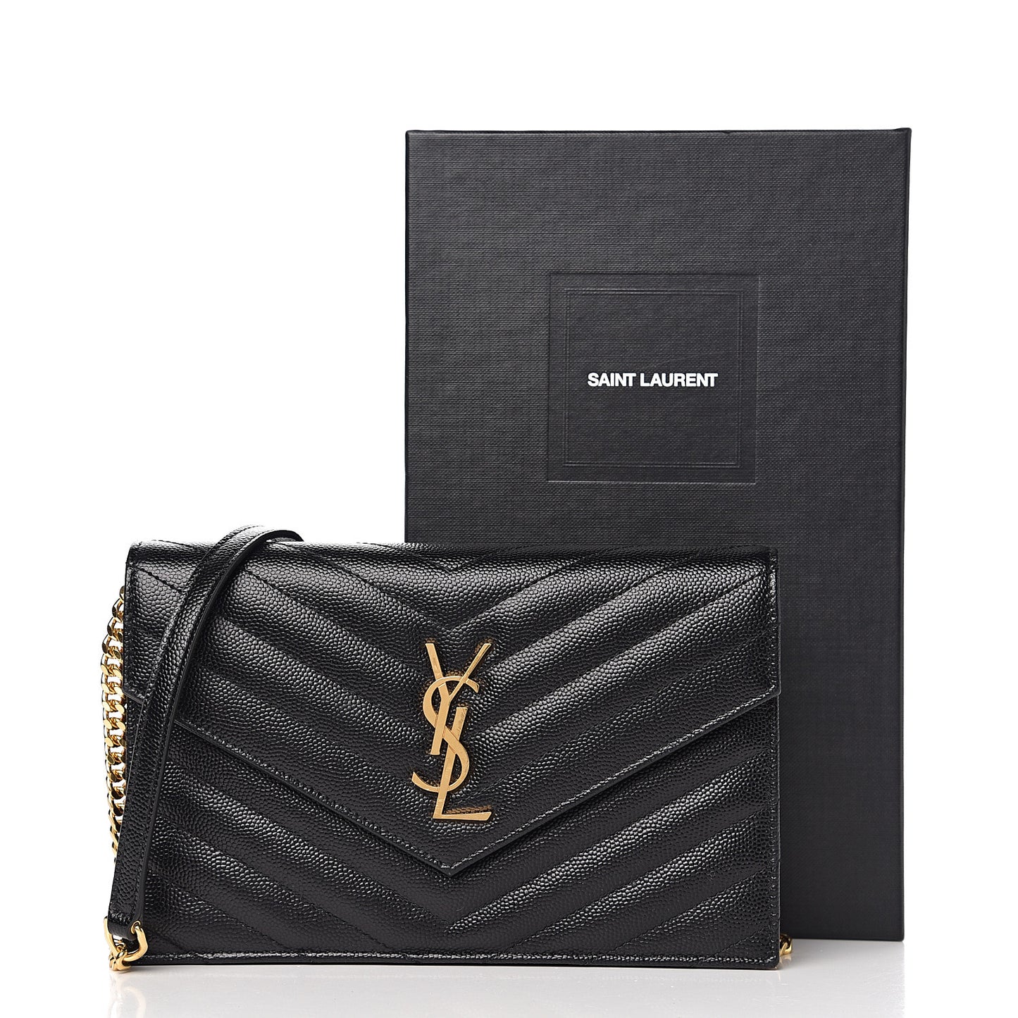Grain De Poudre Matelasse Chevron Monogram Envelope Chain Wallet Black