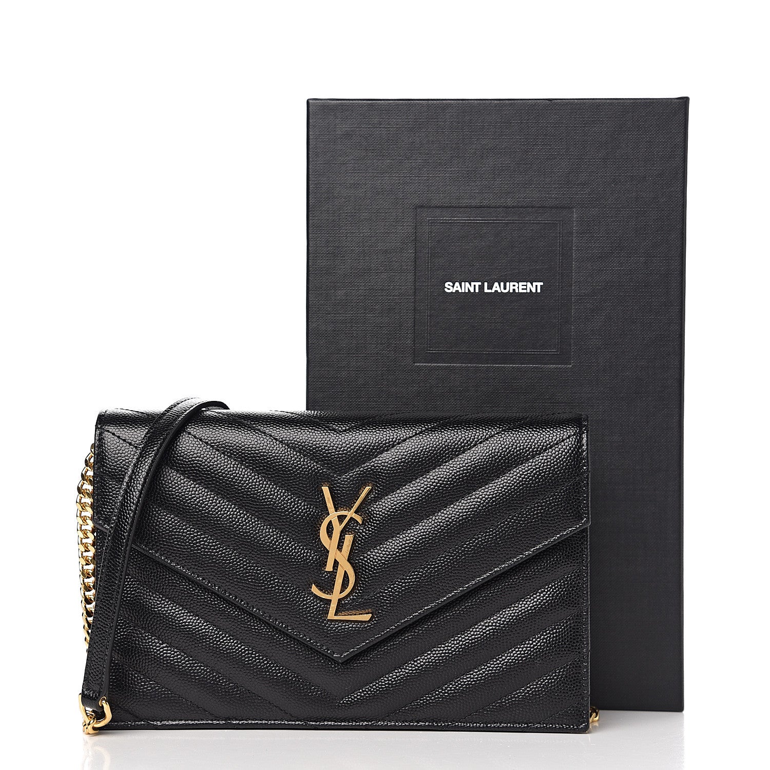Saint Laurent Grain De Poudre Matelasse Chevron Monogram Envelope Chain Wallet Black 10 of 10