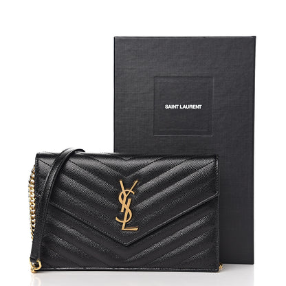 Saint Laurent Grain De Poudre Matelasse Chevron Monogram Envelope Chain Wallet Black 10 of 10