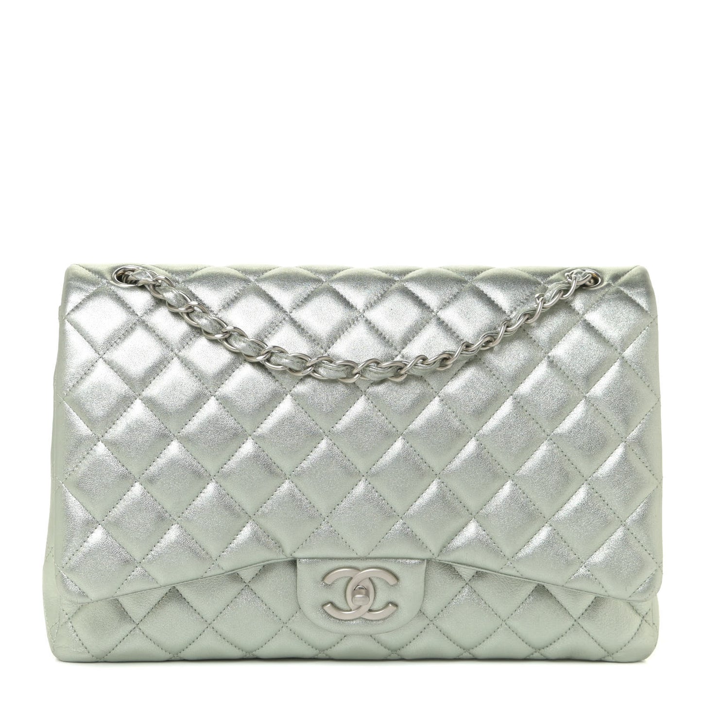 Metallic Lambskin Quilted Maxi Double Flap Green