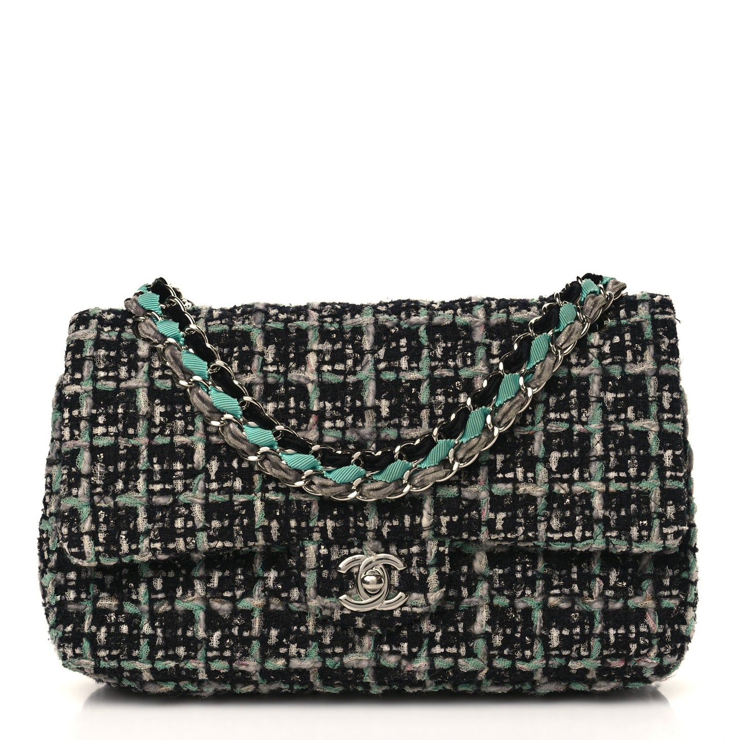 Tweed Quilted Medium Double Flap Black White Green