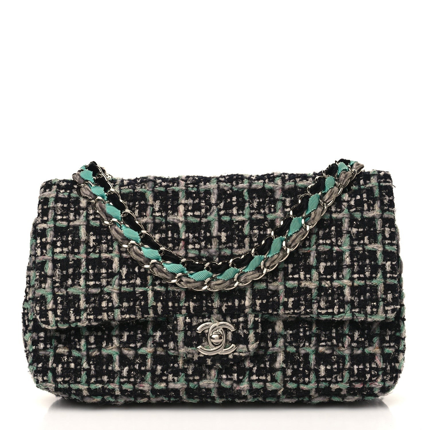 Chanel Tweed Quilted Medium Double Flap Black White Green 1 of 9
