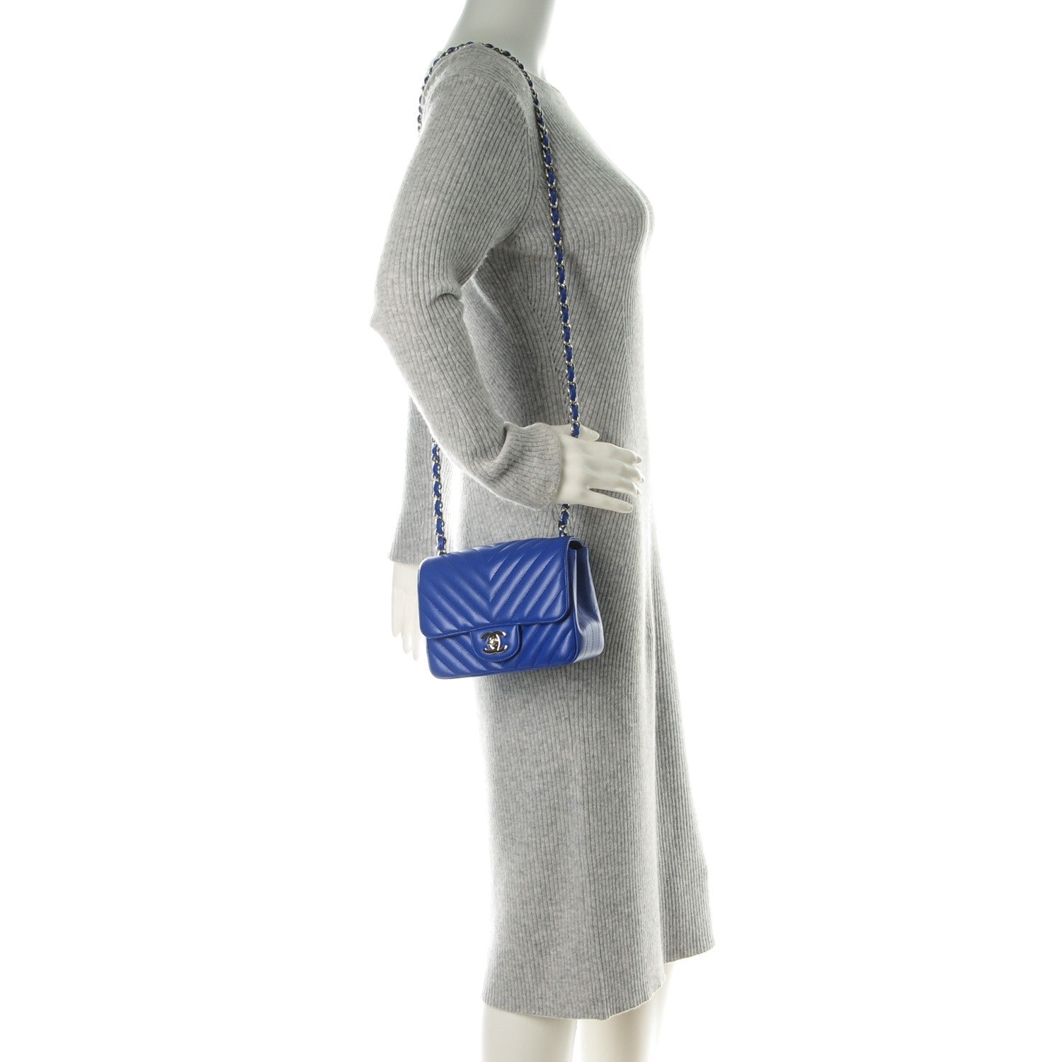 Chanel Caviar Chevron Quilted Mini Square Flap Blue 2 of 8