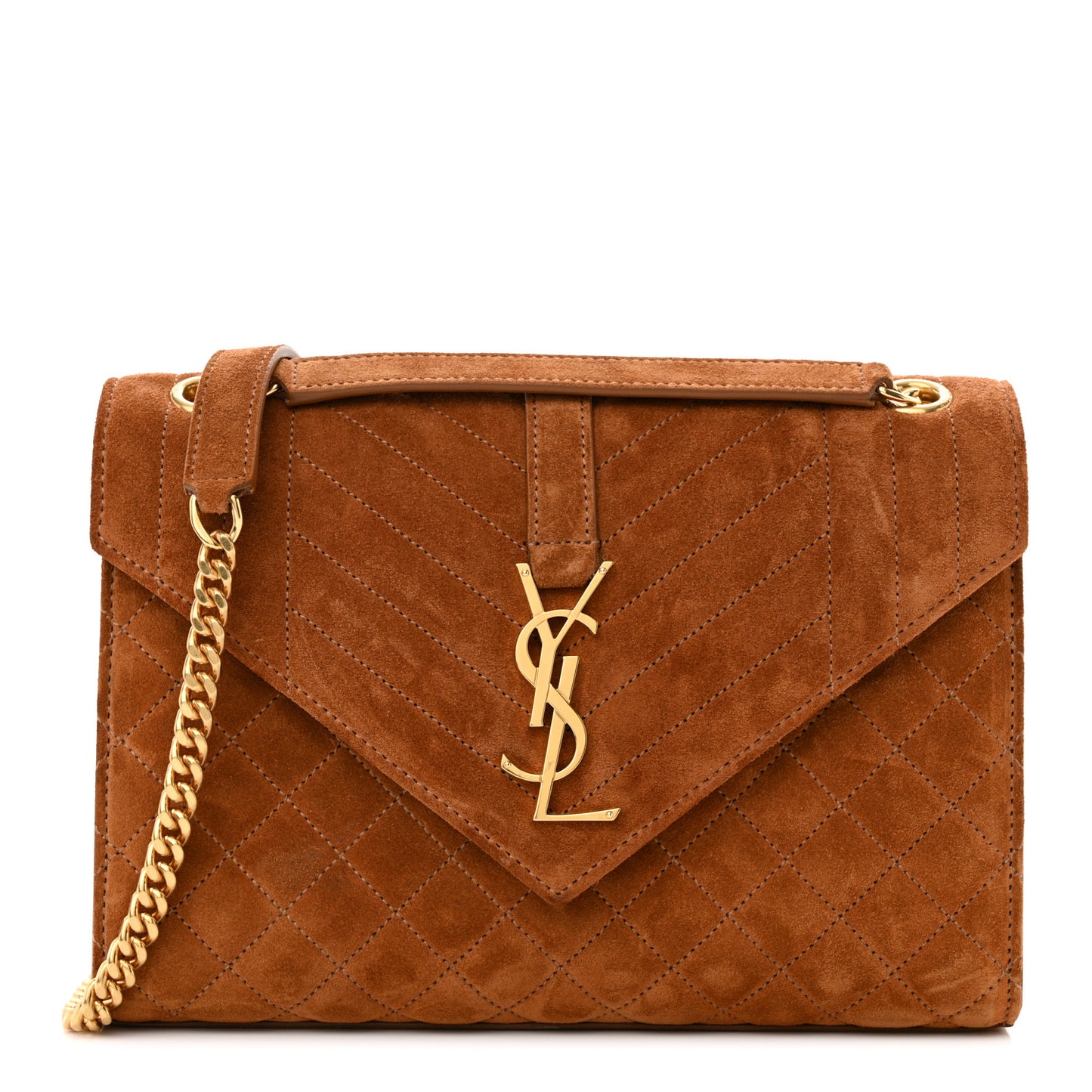 Suede Mixed Matelasse Triquilt Medium Monogram Envelope Satchel Tan