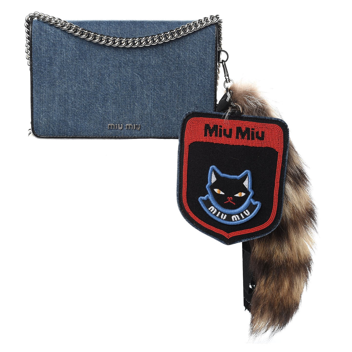 Denim Raccoon Fur Charm Crossbody Blue