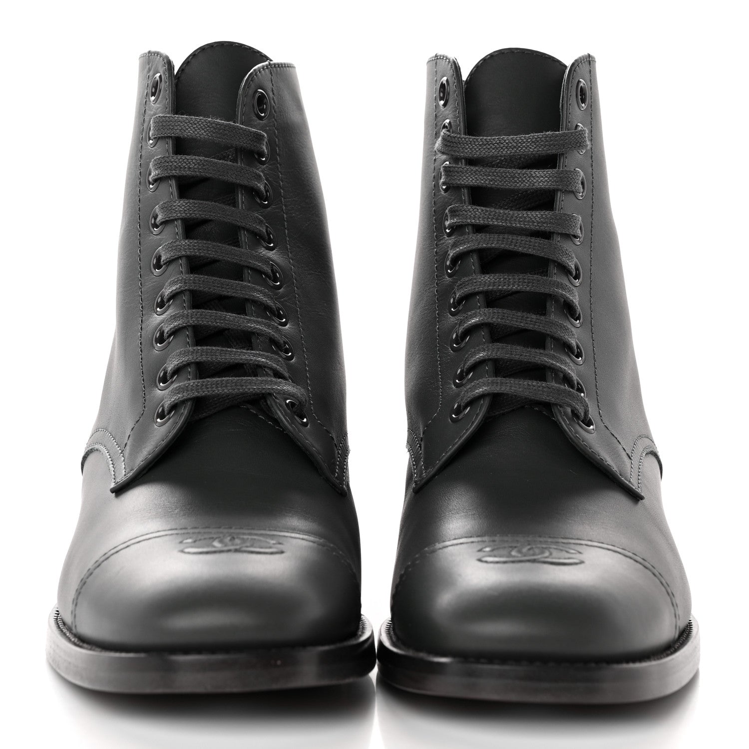 Chanel Calfskin Cap Toe CC Lace Up Boots 39 Dark Grey 2 of 14