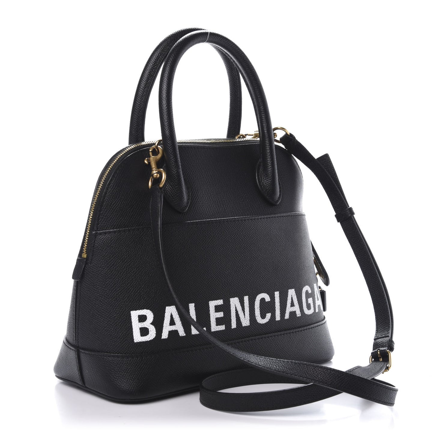Signature Grained Calfskin Logo S Ville Top Handle Bag Black