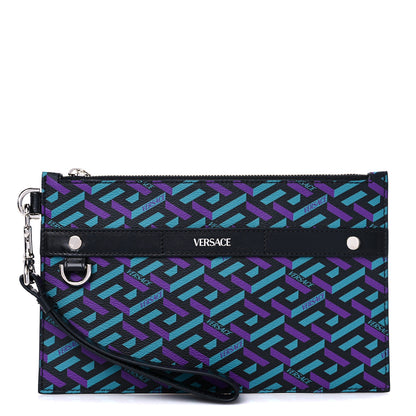 Versace Coated Canvas Calfskin Mens La Greca Zip Pouch Black Blue Purple 1 of 8