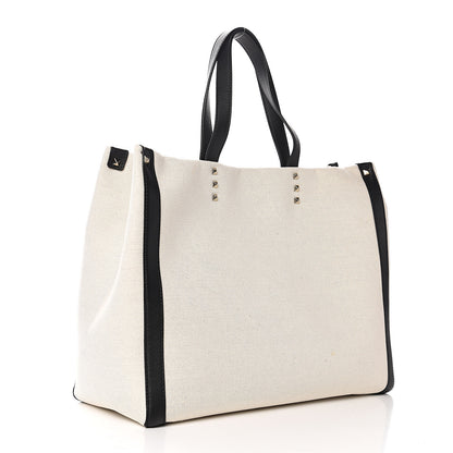 Valentino Garavani Canvas Calfskin VLTN Print Small Rockstud Tote Naturale Black 2 of 9