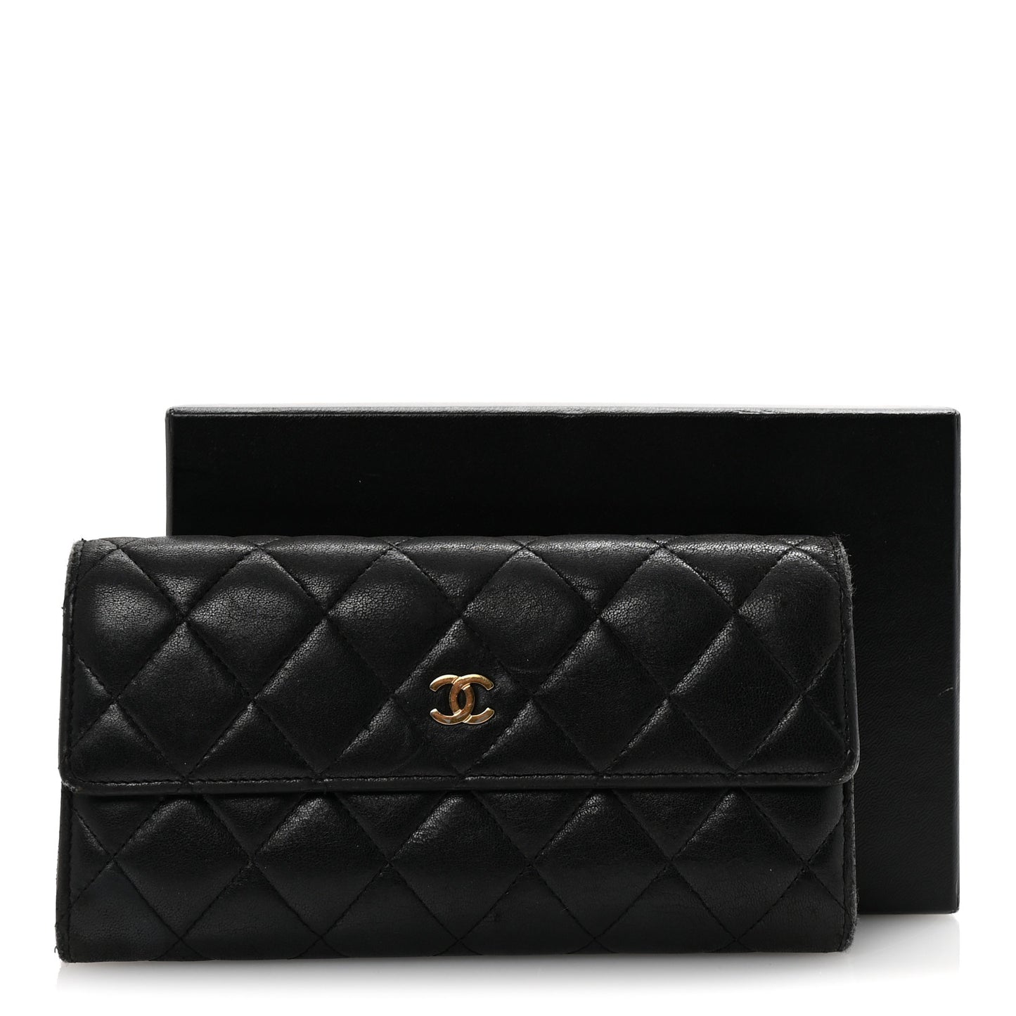 Lambskin Quilted Large Gusset Flap Wallet Black