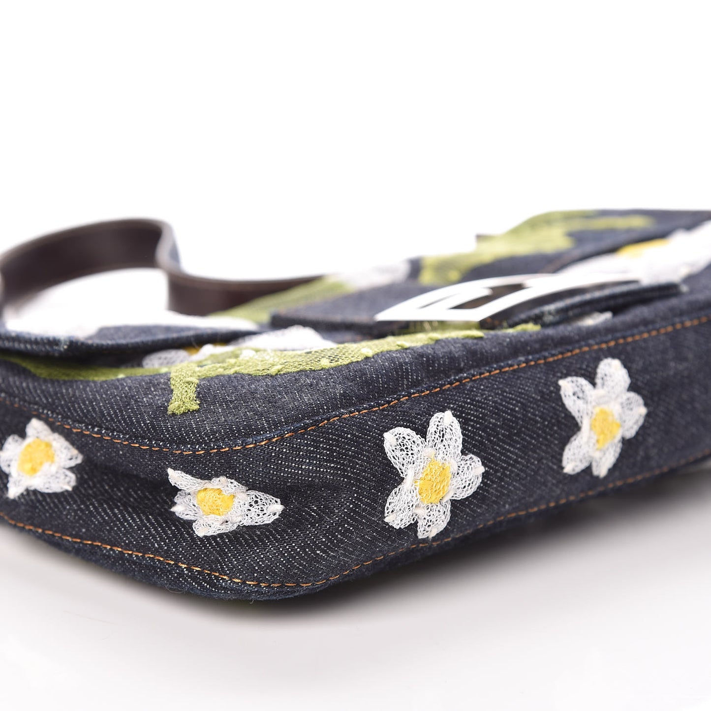 Denim Flower Applique Baguette Blue