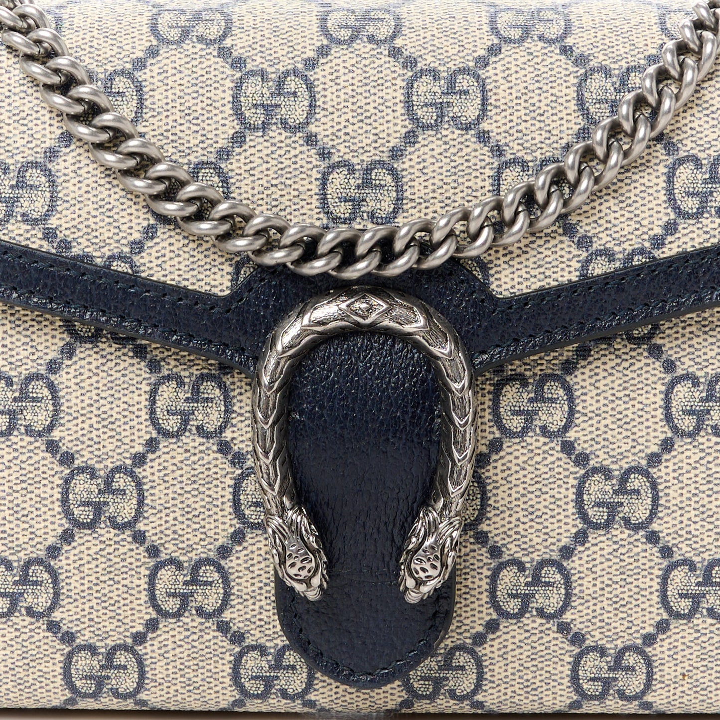 GG Supreme Monogram Textured Dollar Calfskin Mini Dionysus Chain Wallet Beige Blue
