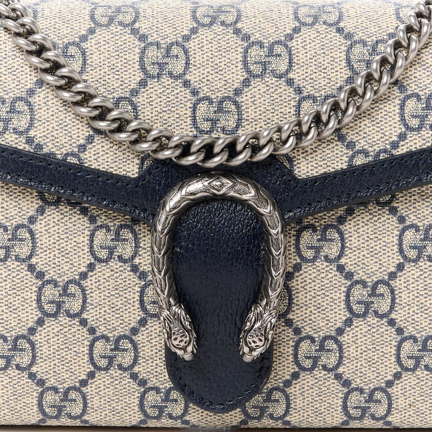 Gucci GG Supreme Monogram Textured Dollar Calfskin Mini Dionysus Chain Wallet Beige Blue 8 of 11