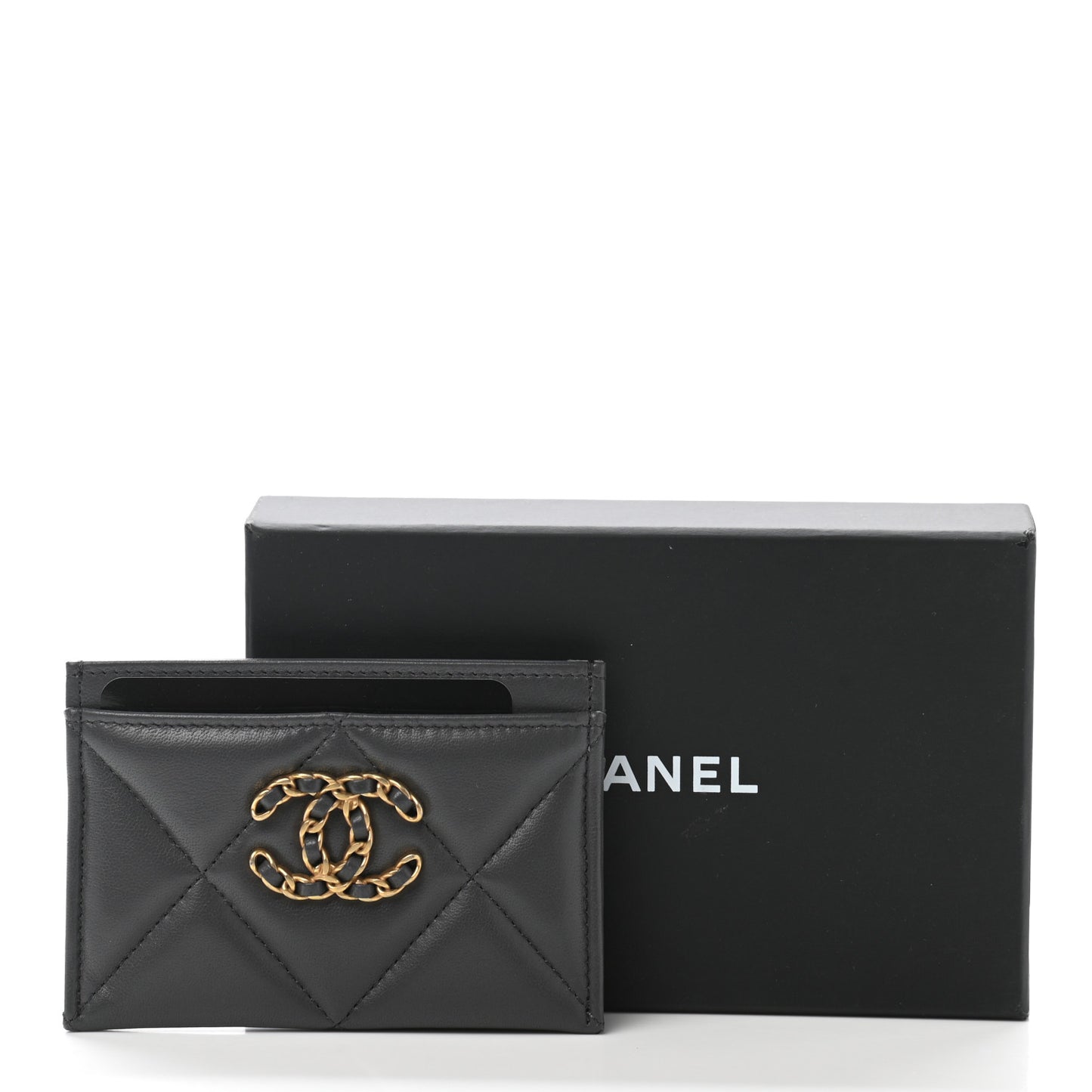 Lambskin Quilted Chanel 19 Card Holder Dark Grey