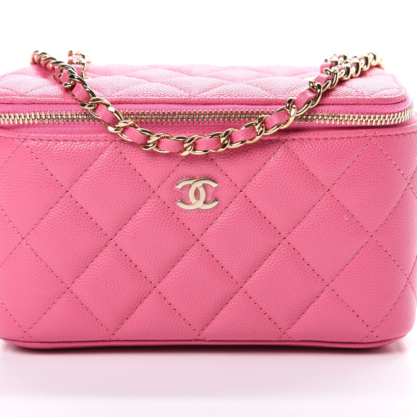 Caviar Quilted Small Vanity Case With Chain Pink