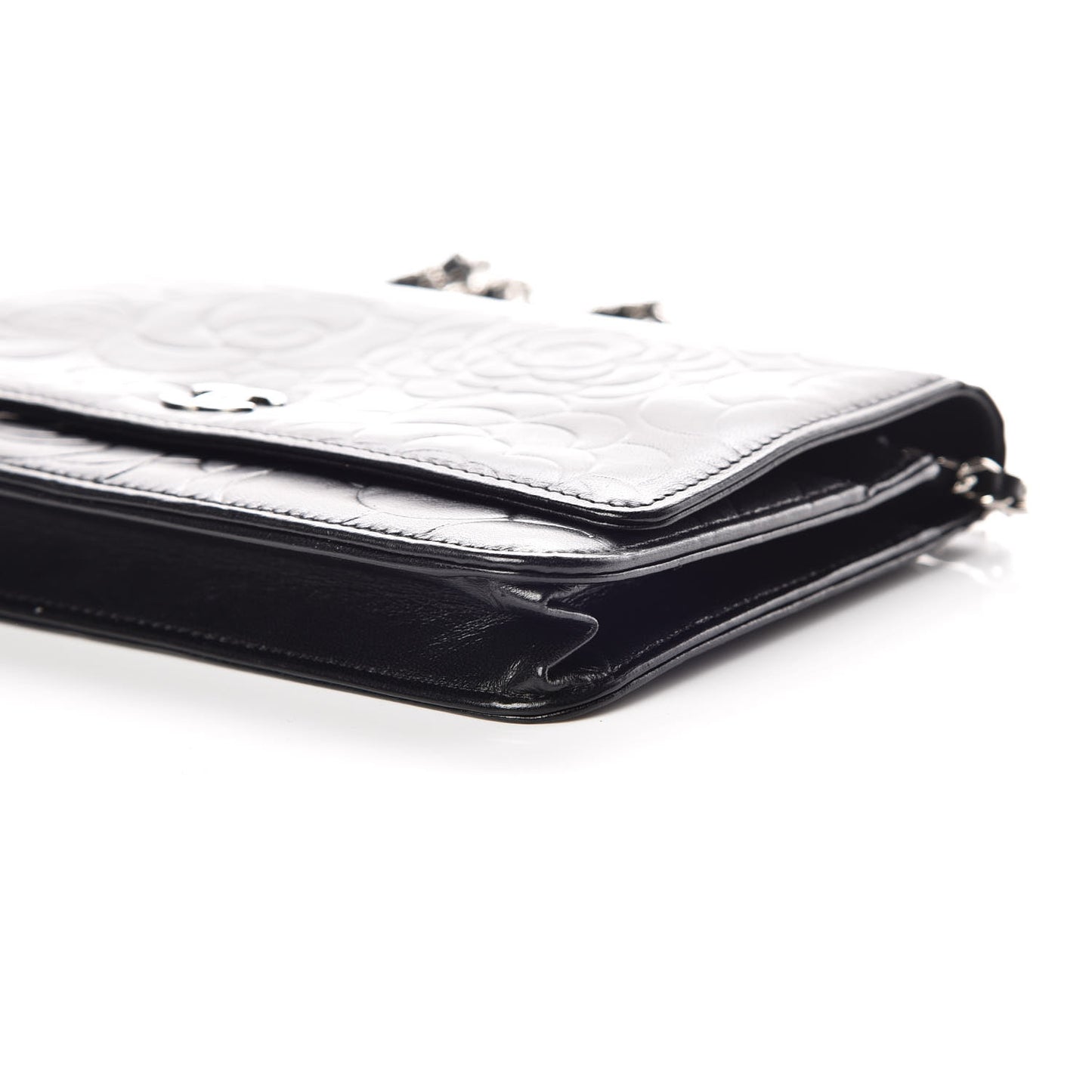 Lambskin Camellia Embossed Wallet on Chain WOC Black