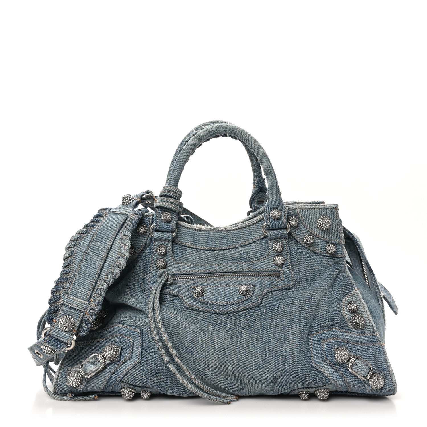 Balenciaga Washed Frayed Denim Crystal Neo Cagole City Handbag Blue 1 of 11