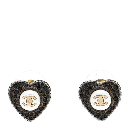Chanel Pearl Crystal CC Heart Earrings Gold Black 1 of 6