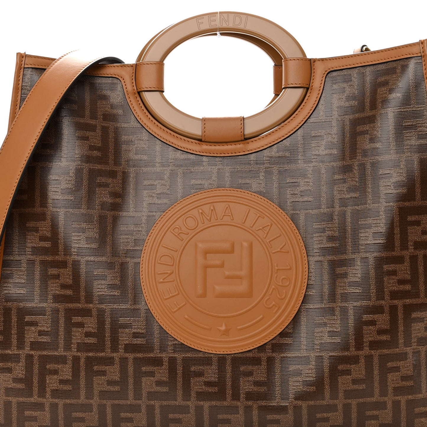 Glazed Fabric Vitello Century Plexiglass FF 1974 Stamp Patch Medium Runaway Shopper Tote Mogano Panna Nocciola
