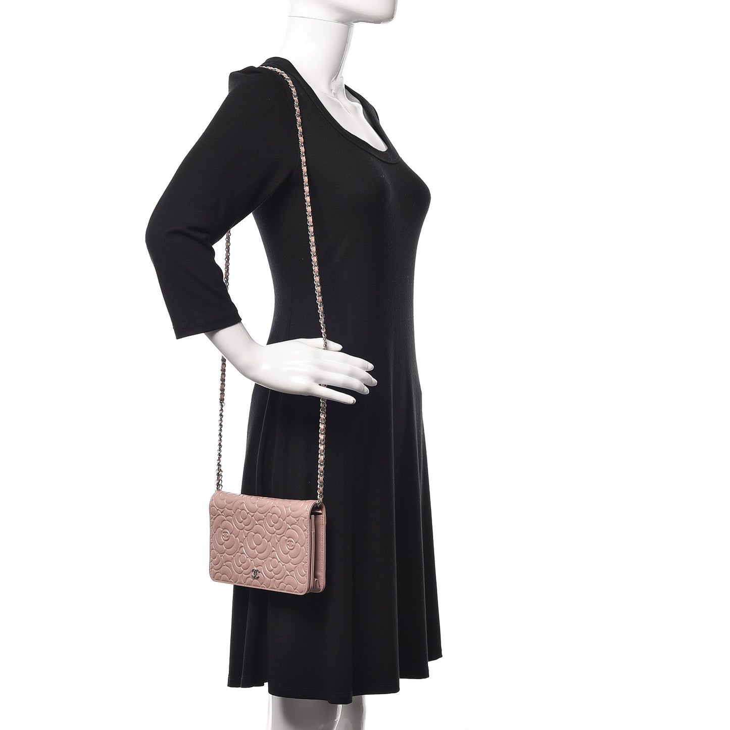 Goatskin Camellia Embossed Wallet On Chain WOC Light Pink