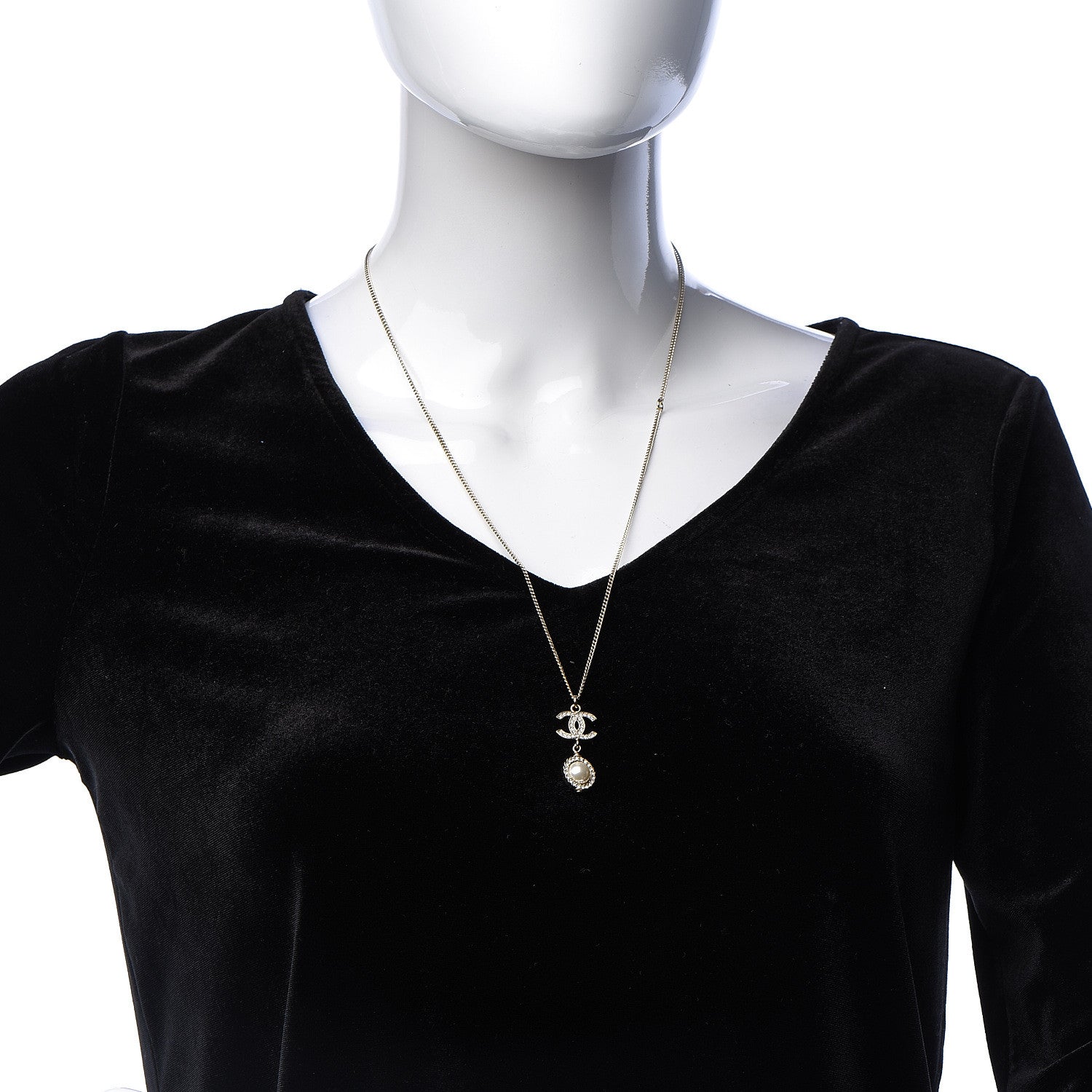 Chanel Crystal CC Pearl Drop Necklace Gold 2 of 5