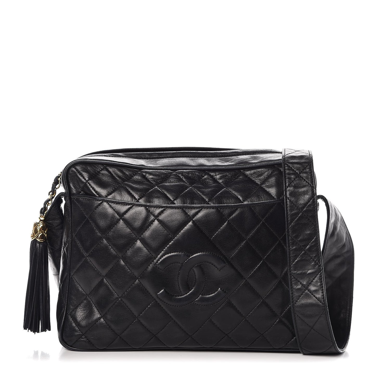 Lambskin Quilted Tassel Camera Case Black