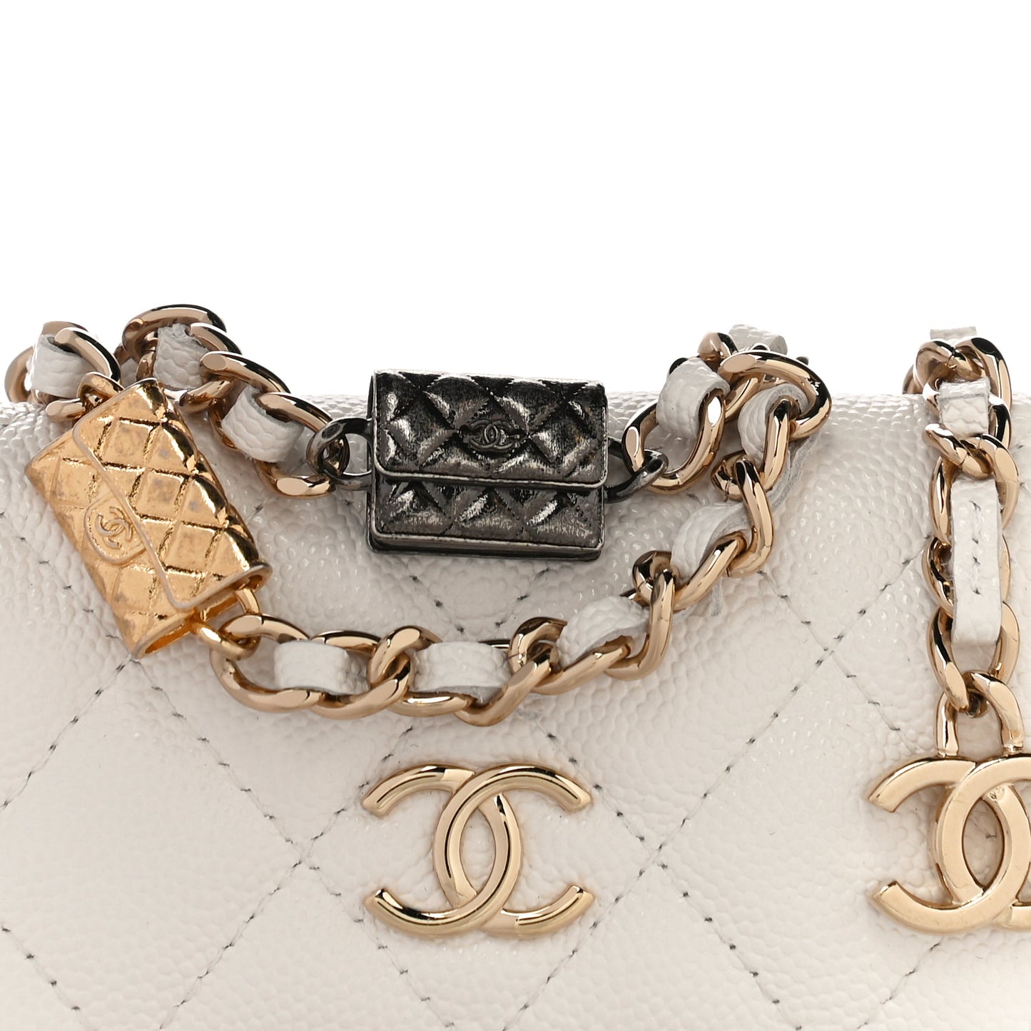 Caviar Quilted Belt Bag With Charms On Chain White